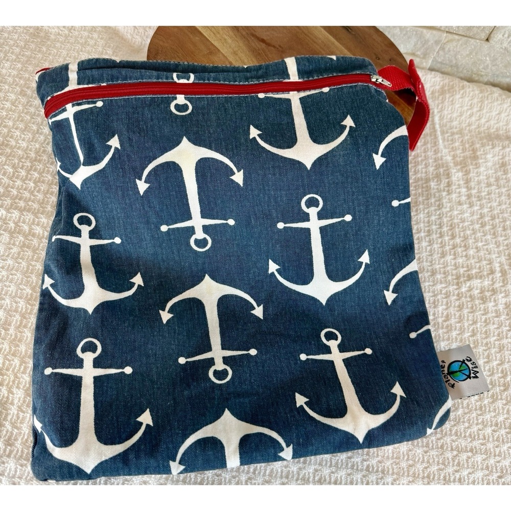 Planet Wise Diaper Wet/Dry Bag Large 2 Zipper Pockets Red/White/Blue Anchors